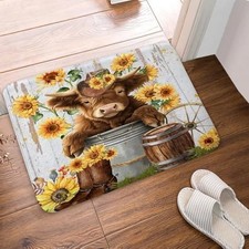 Cute Highland Cow Bath Rug Mat, Farmhouse Rustic Cattle Sunflower Western Flanne