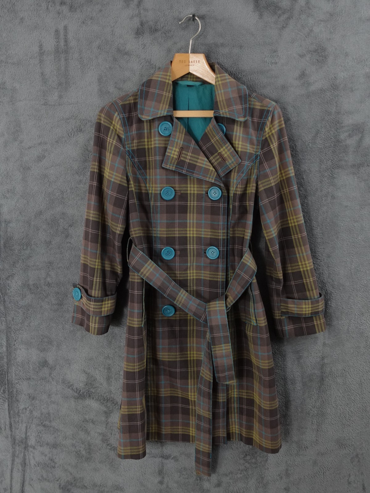 Boden Trench Coat Womens UK 10 Green Cotton Plaid Check Long Jacket Country Belt
