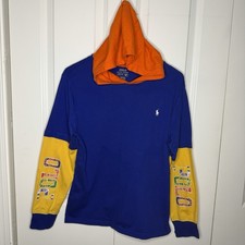 Polo Ralph Lauren Boys Large 14/16 Blue Color-Blocked Jersey Hooded T-Shirt EUC