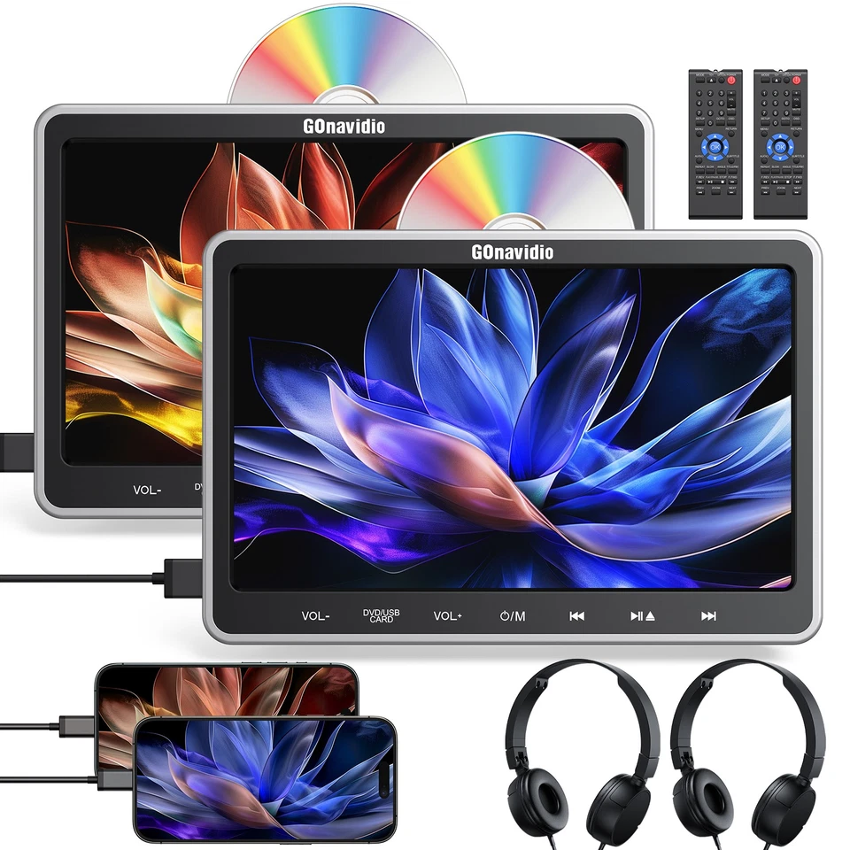 2 x 10.1" Screen Car Headrest 2 DVD Player TV USB SD HDMI Monitor W/ Headphones - Image 2 of 4