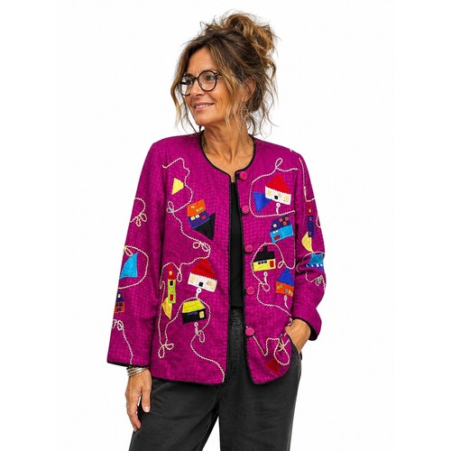 Allure Vintage Magenta Pink Embroidered Art To Wear Eclectic Folk Art Jacket S