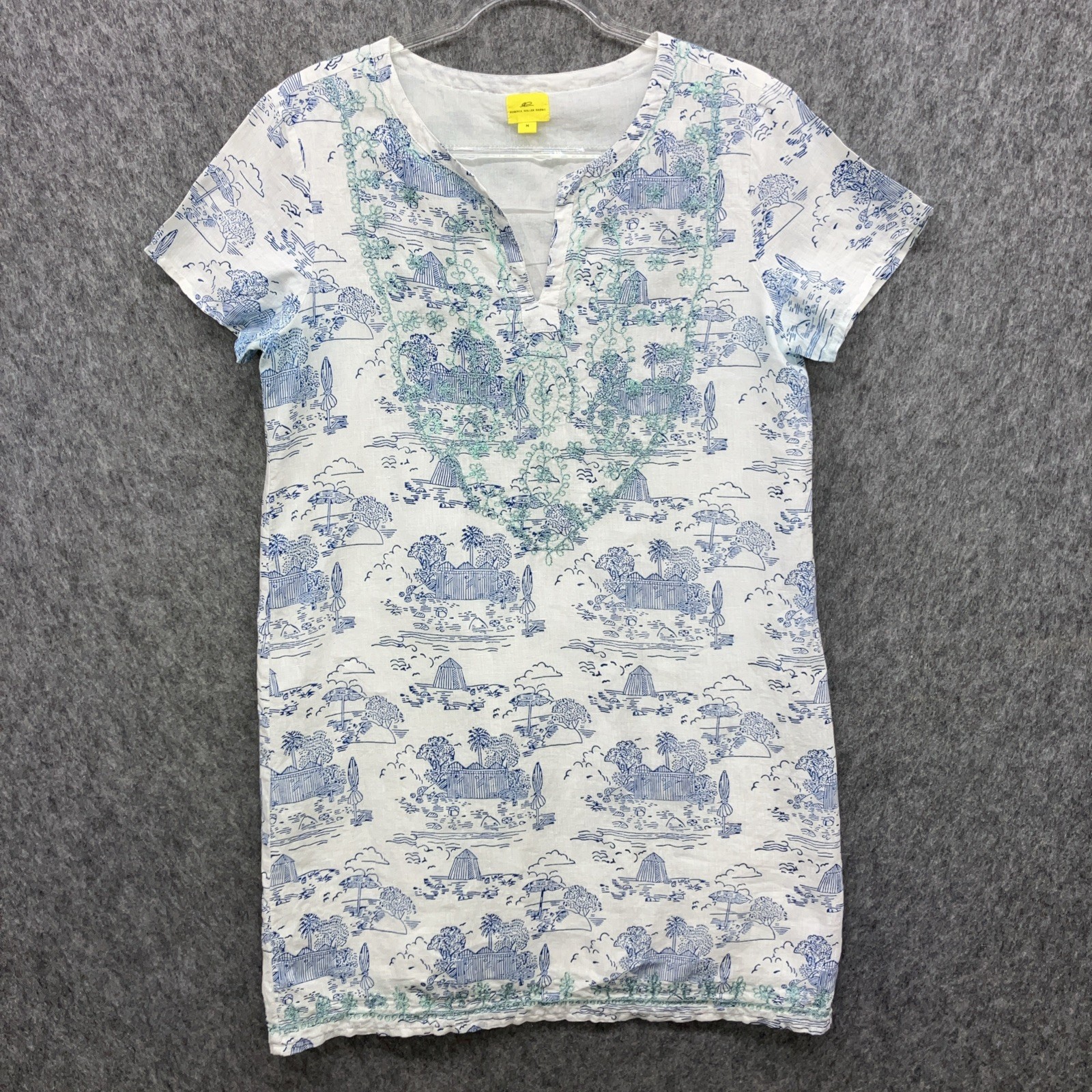 Roberta Roller Rabbit 100% Linen Shift Dress Womens M White Blue Embroidered