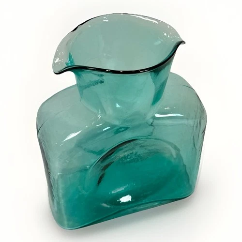 BLENKO MCM Green Art Glass Double Spout Water Carafe Pitcher 8”