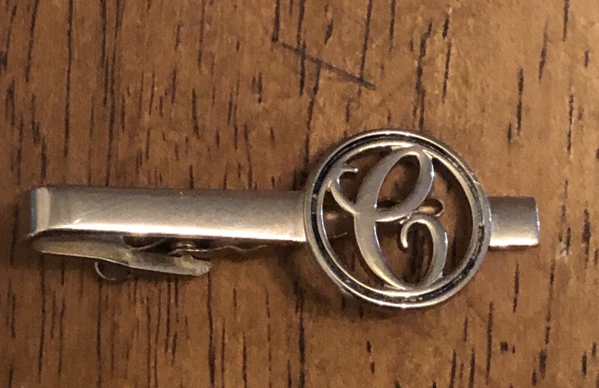 Monogrammed “e” Initial Silver Tone Tie Bar (Q1) - image 1
