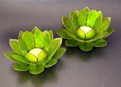 KERZEN Teelichthalter Lotusblume Chakra Capiz Muschel GRÜN Gold Metallrand