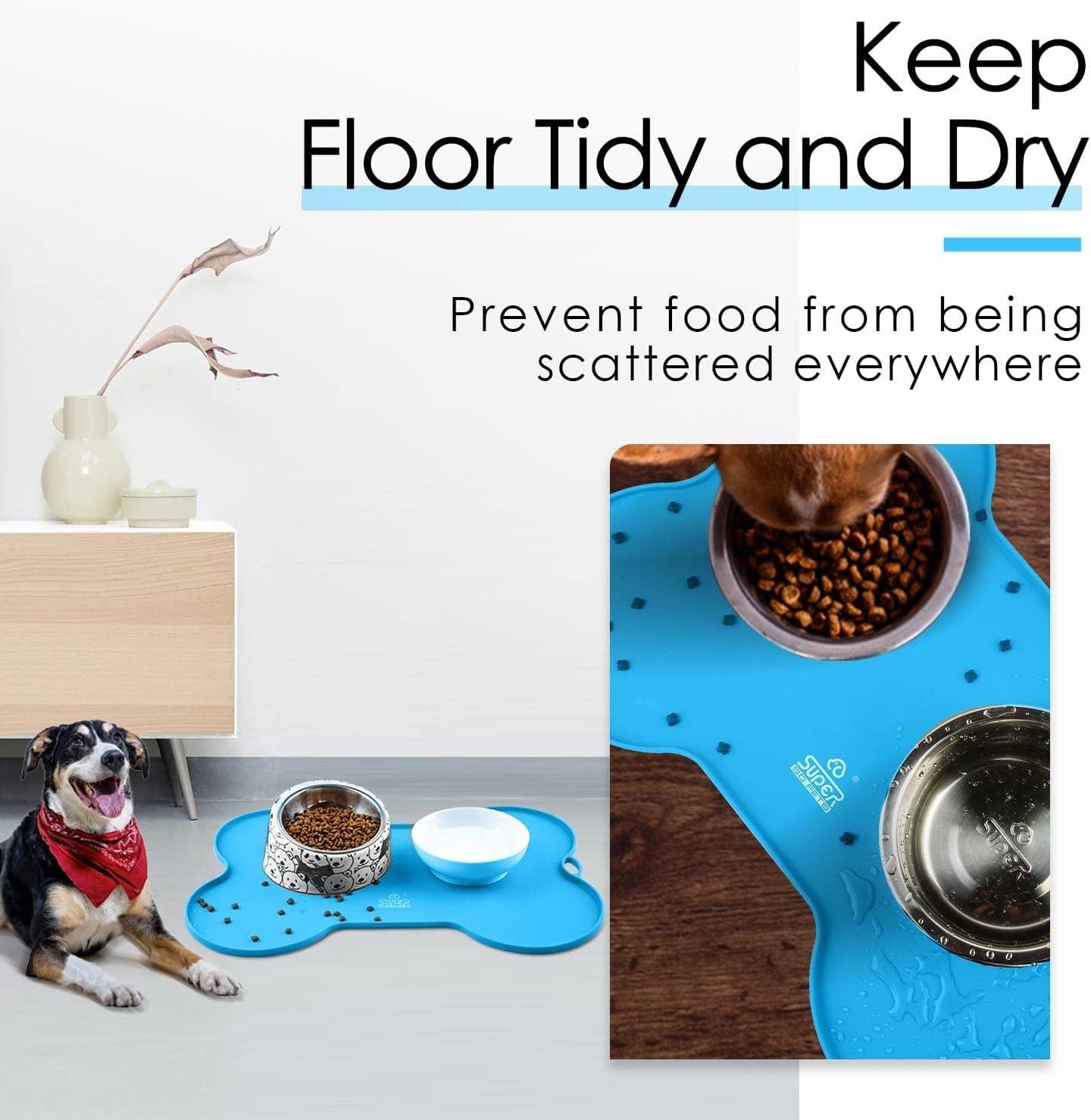 Super Design Pet Dog Food Bowl Feeding Mess Mat Bone Flexible Silicone Blue
