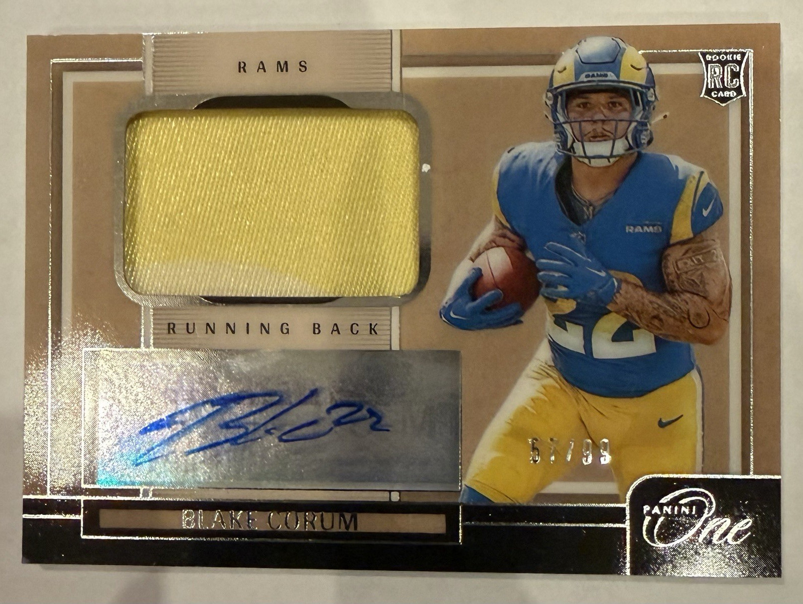 Panini 2024 One Football Blake Corum Los Angeles Rams RC Patch Auto #111 57/99