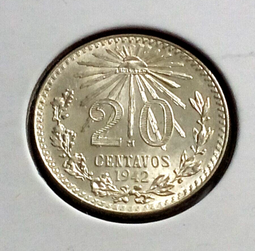 BU 1942*Beautiful Mexico 20 Centavos .720 Fine Silver Coin "Cap and Rays"