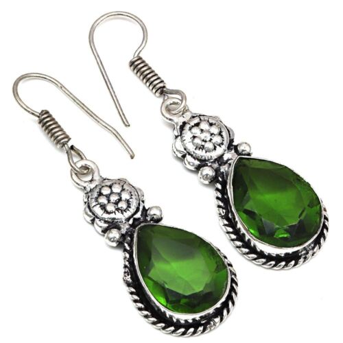 Peridot Quartz Gemstone Black Friday Gift Silver Jewelry Earrings 1.75" - Picture 1 of 5