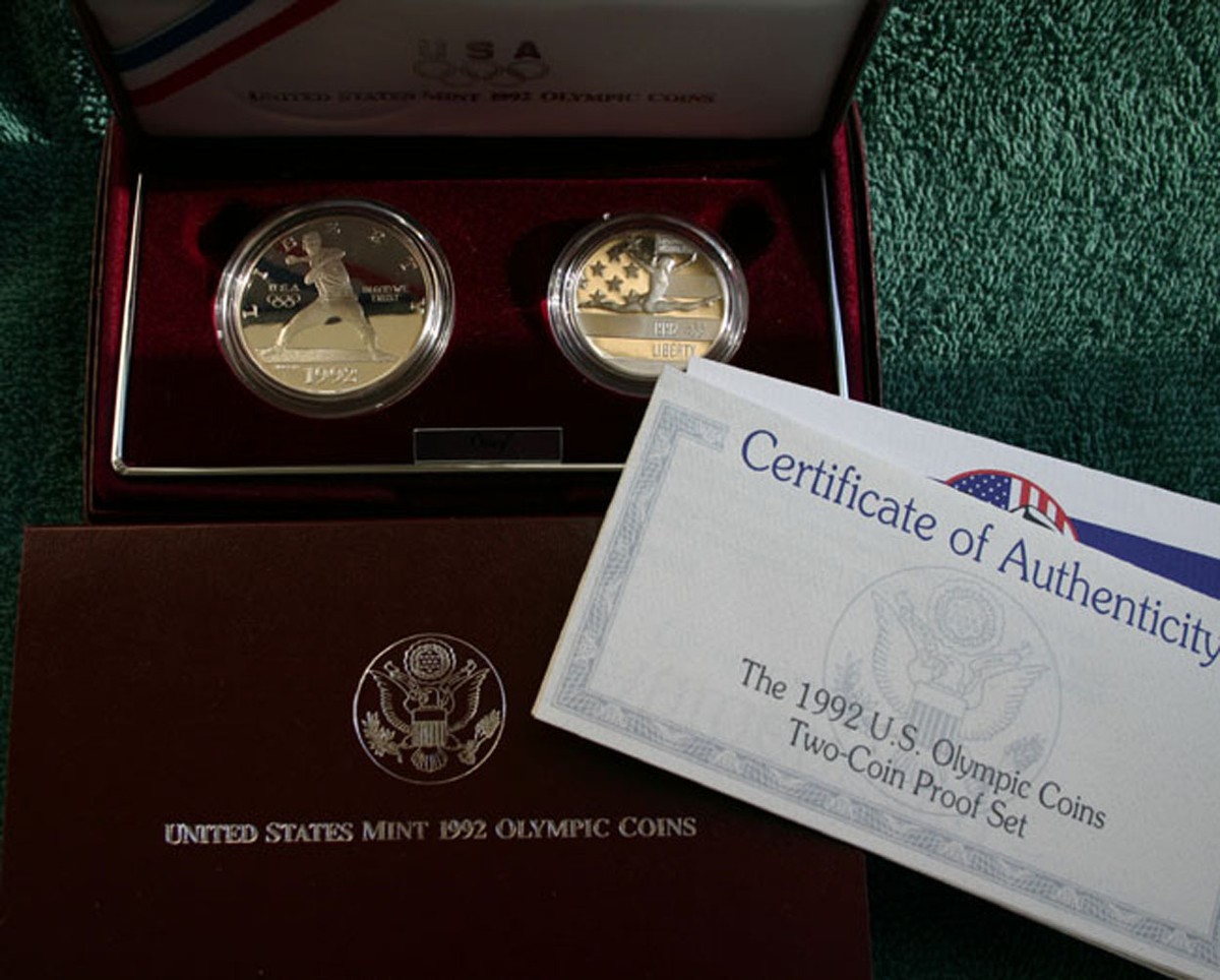 1992 Olympic 2 Coin Set Proof 90% Silver Baseball Dollar Gymnast
