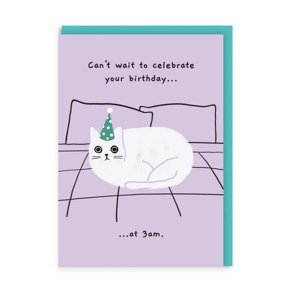 Funny Birthday Card Cat Bed Wake Up 3am – Cute Illustrated Greeting Card