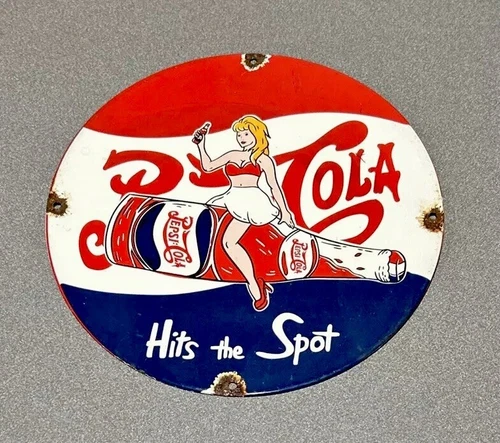 VINTAGE 12” PEPSI COLA SODA POP PORCELAIN SIGN CAR GAS OIL TRUCK