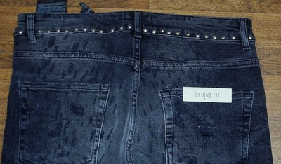 NEW ZARA MAN 1975 Skinny Fit Distressed Men's Black Metal Studs Jeans Sz  32X28 | eBay
