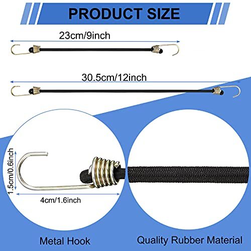 24 Pieces Mini Bungee Cords with Hooks Small Bungee Cords Black Bungie