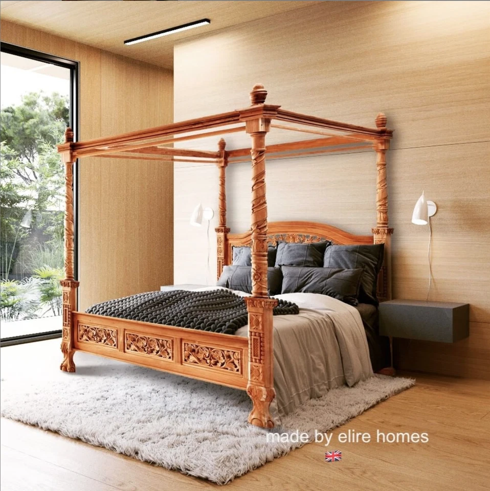 A MEDIDA ~ Madera de teca tallada cuatro póster diseño floral chippendale cama floral Foto 2 de 4