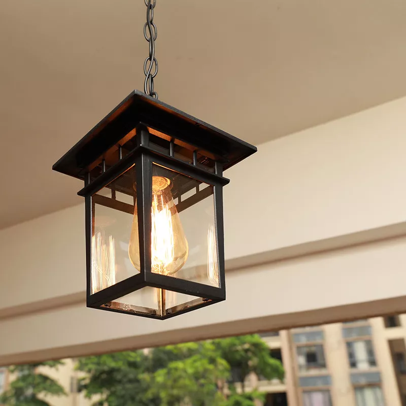 Retro Black Brass Metal Lantern Glass Outdoor Chain Hanging Ceiling Pendant Lamp