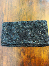 Vintage Black Beaded Sequin Evening Clutch Purse Made in Hong Kong Floral