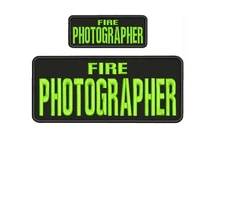 FIRE PHOTOGRAPHER Embroidery Patch 4x10 and 2x5 hook on back LIME GREEN on black