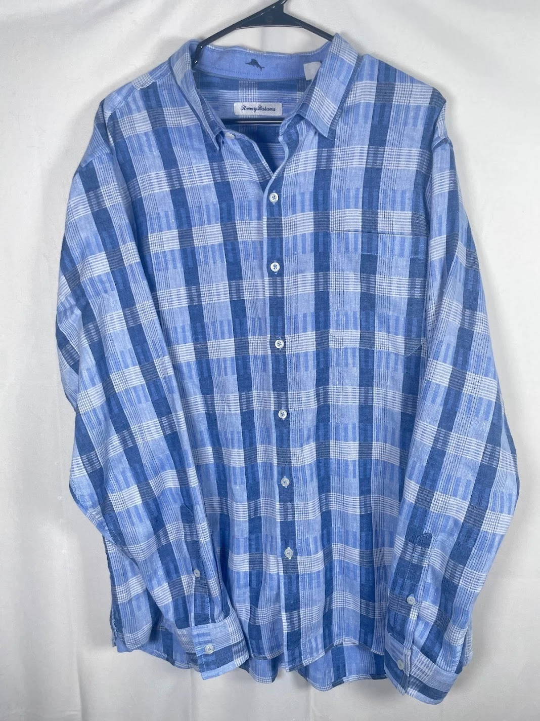 Tommy Bahama Men's Long Sleeve Linen Shirt Blue White Plaid Size XL