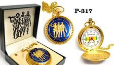 Vietnam War Pocket Watch Three Soldiers Statue Tribute Gold Tone Blue Enamel