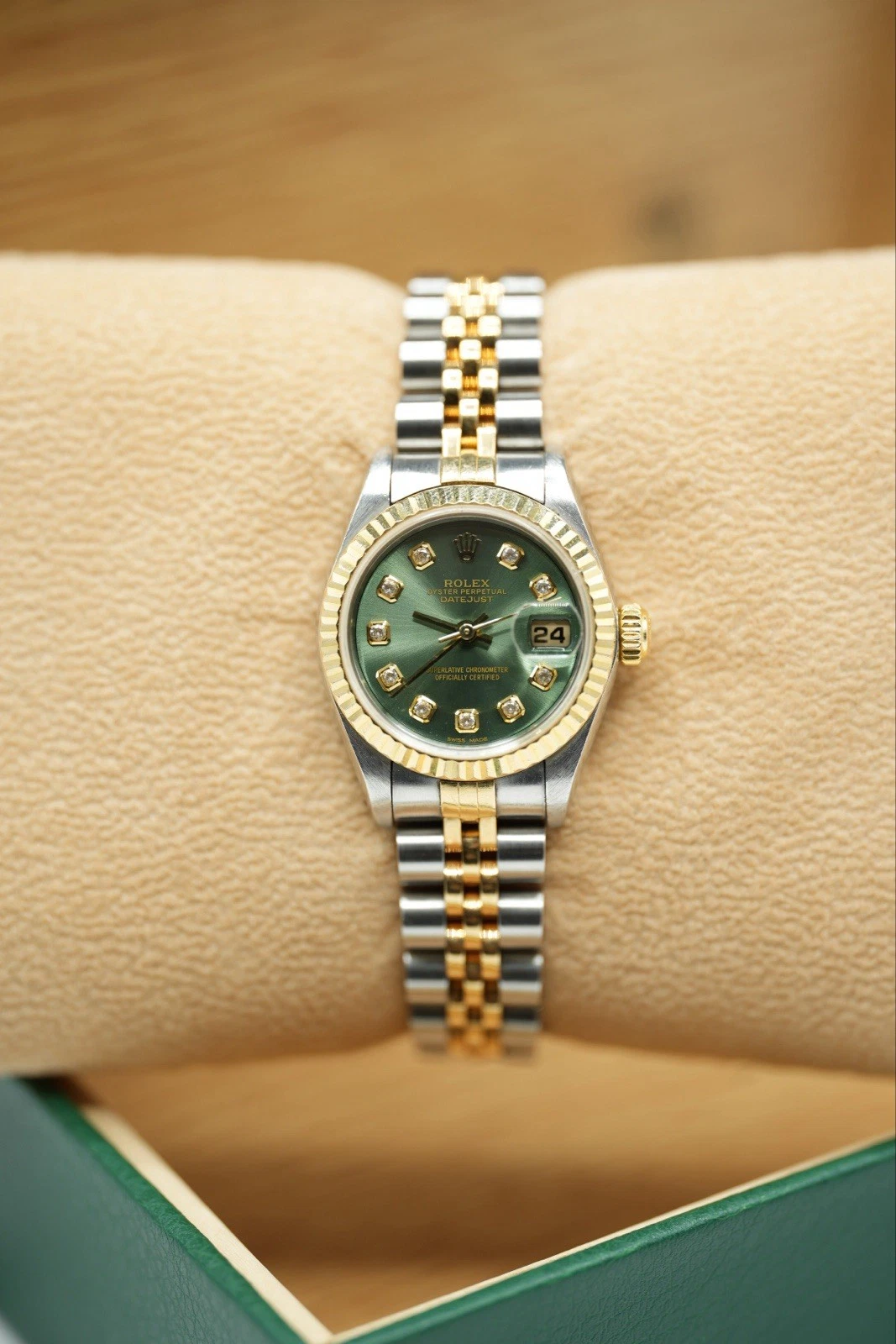 Rolex — Steel & Gold Rolex Ladies Datejust 26mm 79173 Custom Olive Green Diamond Dial
