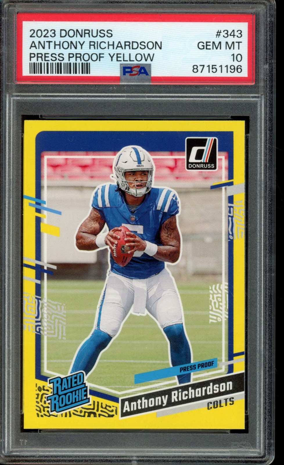 2023 Donruss Anthony Richardson #343 RC Press Proof Yellow PSA 10