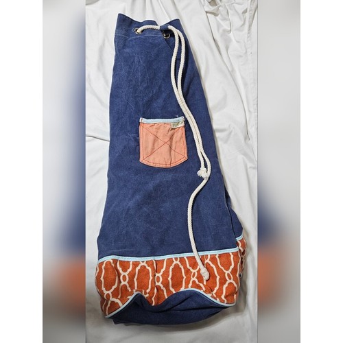 Spartina 449 Canvas Drawstring Beach Bag Blue Coral Nautical Tote Large Bucket