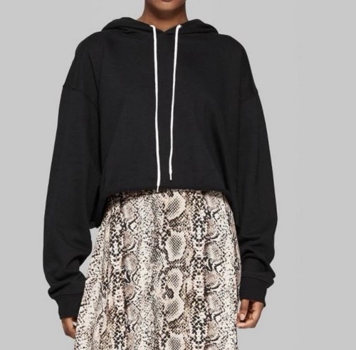 Wild Fable Womens Black Cropped Hoodie Size L Raw Hem Pullover Sweatshirt