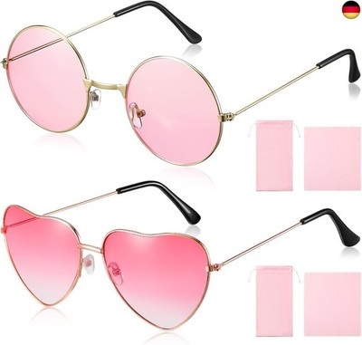 Sinmoe 2 Sets Hippie Sonnenbrillen Herz Sonnenbrille Retro Runde Brille 60er
