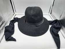 Vintage Ladies Lancaster Felt Wool Black Fedora Hat w/ Ear Warming Tie 100 Wool