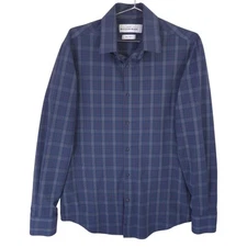 Mizzen Main Shirt Mens S Navy Blue Plaid Trim Fit Leeward Performance Button Up