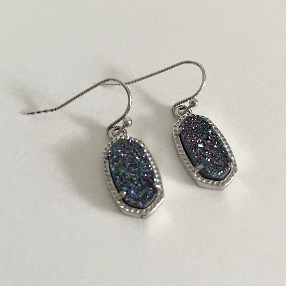 Kendra Scott Lee Silver Drop Earrings In Blue Purple Multi-Color Drusy Dangle - Image 2 of 4