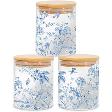 3Pcs Chinoiserie Glass Storage Jars with Airtight Lid Blue Flower Decorative ...