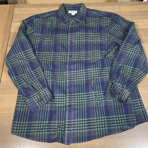 Orvis Shirt Men L BlackWatch Tartan Plaid Button Down Cotton Flannel Long Sleeve