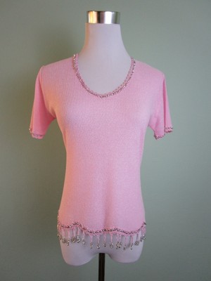 Vintage kurzärmliges transparentes Blusentop rosa Schmuckverzierung U-Ausschnitt Größe 12 C175 für Damen 