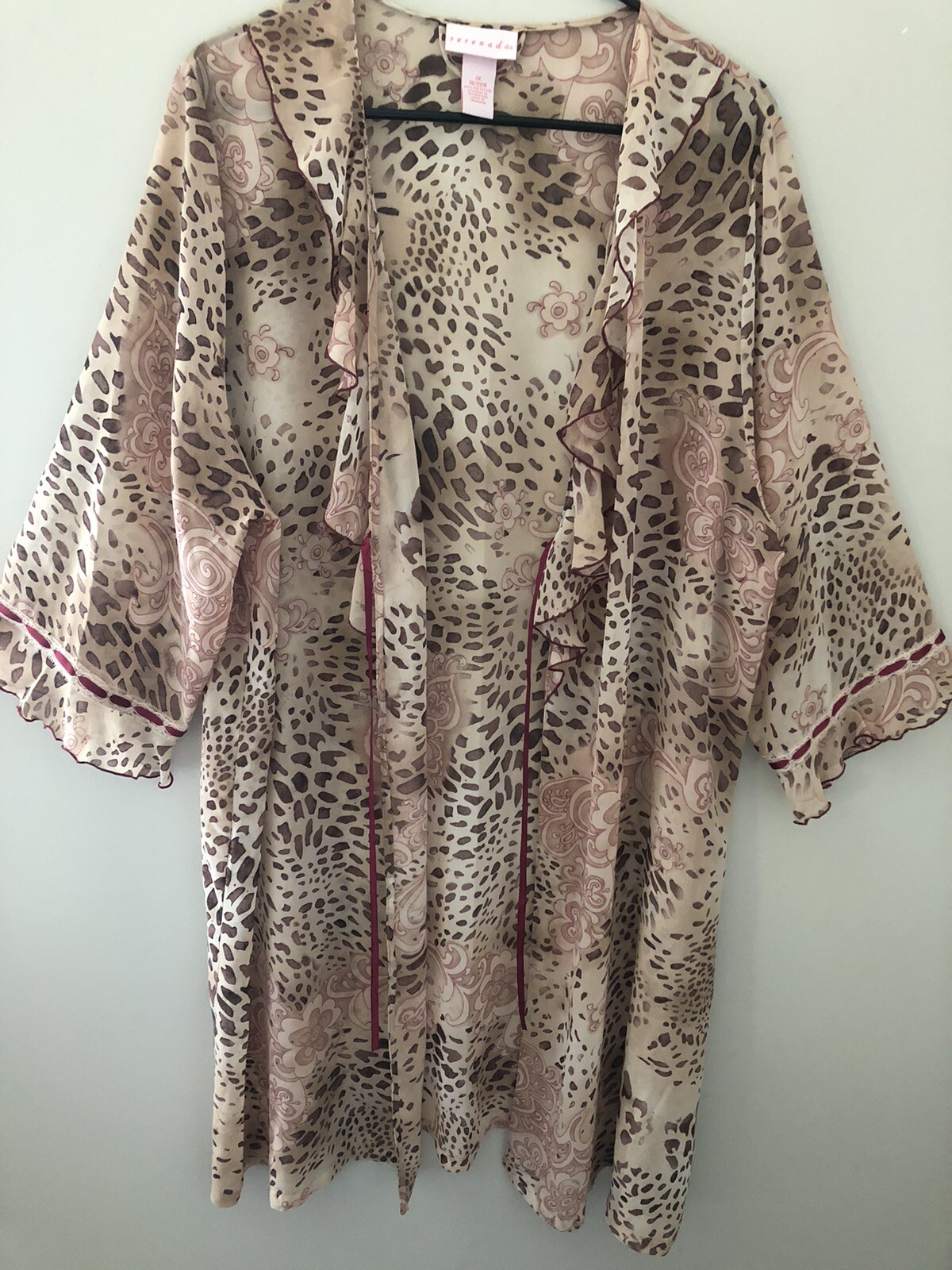 Serenada Robe Plus Size 1X 18/20W Beige Pink Animal Print Sheer Midi
