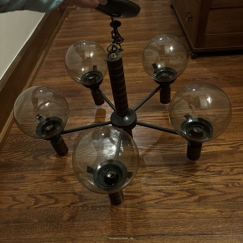 MCM MID CENTURY MODERN DANISH 5 Arm Chandelier Wood Metal Smoked Glass Globe