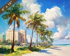 Miami South Beach with palm trees oil painting 8x10 Print