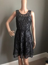 Express Black Pewter Metallic Lace Tea Dress & Slip XS Sleeveless Tie Waist