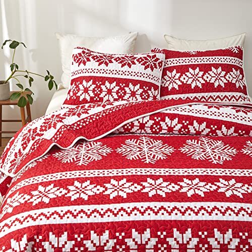 Christmas Quilt Set with Red and White King Size King(102"x88
