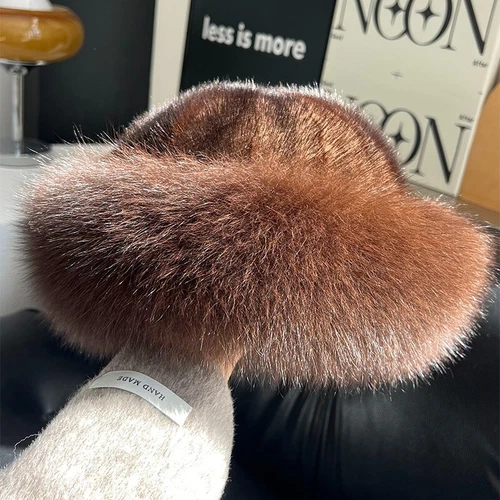 Women's Real Mink Fur Hat Bucket Hat Bowler Hat Warm Cap W Fox Fur Outdoor - Picture 21 of 44