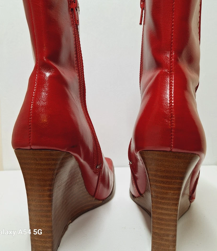 Paprika красный кожаный квадратный носок скульптурный клиновидный каблук ботинки винтажный 1970-х? Б/у в отличном состоянии! - Изображение 4 из 4