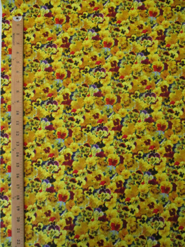PANSIES FLOWERS PANSIE FLOWER GOLDEN YELLOW RED COTTON FABRIC FQ - Picture 3 of 5