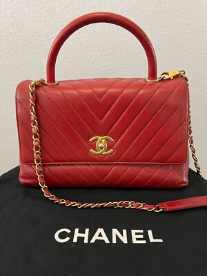 Chanel Coco Handle 29 Top Flap Chevron V Stitch Handbag Bag Red Leather