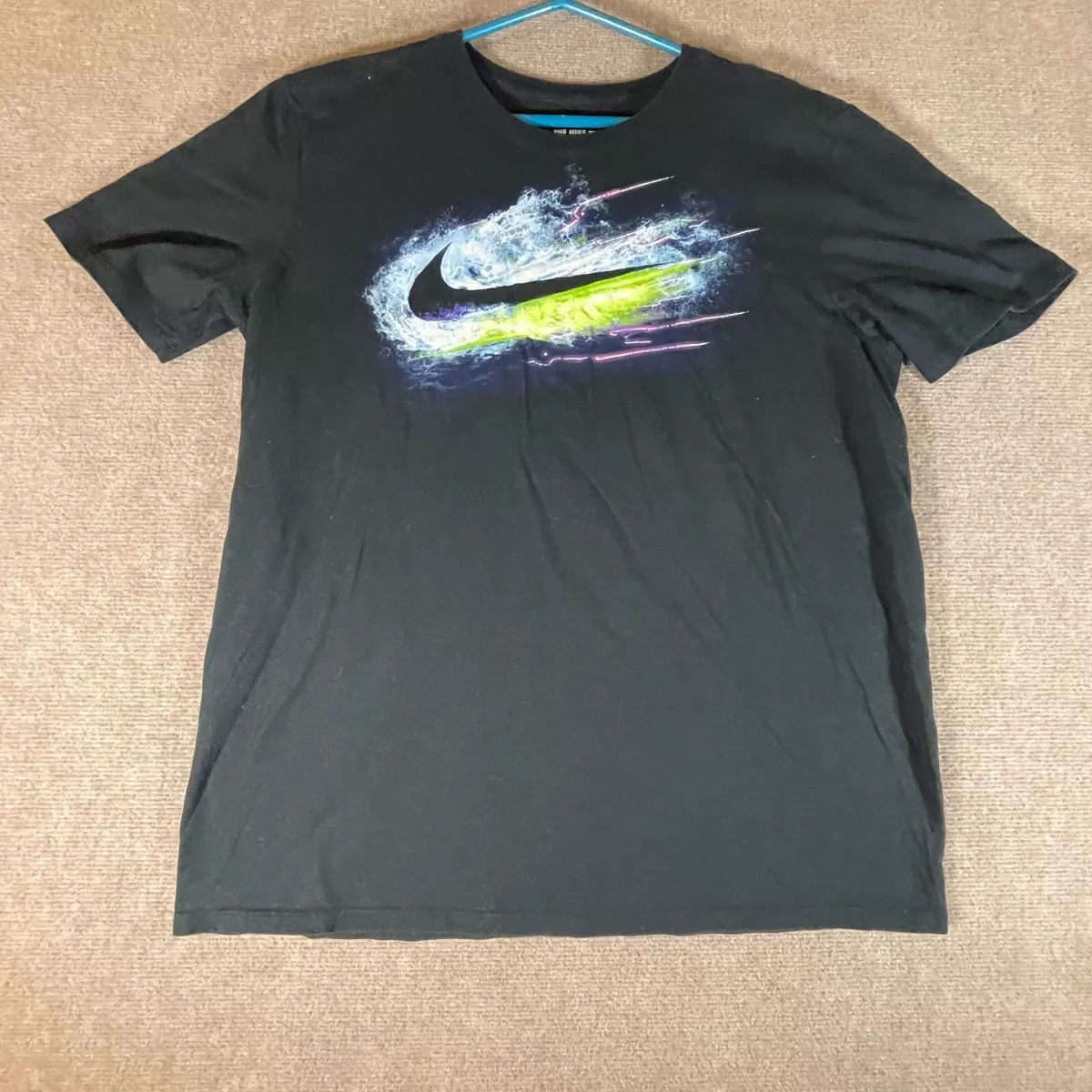 Nike Tee Men s Size M L Swoosh Neon Wave Black Short Sleeve T Shirt Athletic
