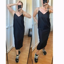 Black spaghetti strap midi dress, elegant basic straight V neck dress