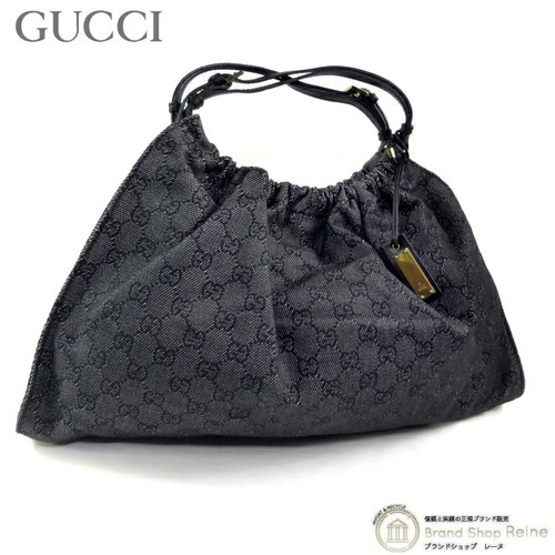 Gucci Gg Denim Jacquard Canvas Leather Hand Bag 76554 Anthracite Black Used