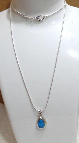 Vintage 950 Silver Turquoise Pendant Mexico w/22" 925 Silver Snake Chain 7.7 gm