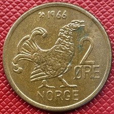Norway 1966 Bronze 2 Ore. Olav V. Grouse. KM# 410
