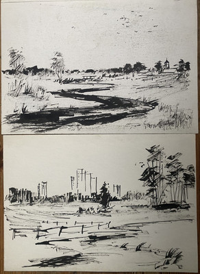 ::FRANZ EHMKE  *1928-2018 DDR MALER PASTELL 2 BILDER STADTRAND PARK SCHWARZ WEIẞ